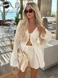 Huibaolu Women White Lace Up V Neck Long Sleeve Shirt Set Summer Fashion High Waist Shorts 2 Pces Sets Casual Loose Female Beach Outfits