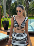 Huibaolu Knitted Striped Pleated Knitted Skirt Sets Fashion Backless Lace Up Bra Top Ruffle Skirt Outfit Chic Lady Beach 2 Piece Set