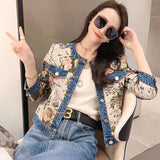 Huibaolu Fashion Roses Print Short Denim Coat Female Temperament O Neck Single Breasted Women Vintage Casual Jean Jacket Chaquetas