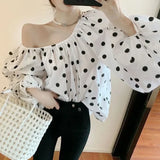 Huibaolu Polka Dot Shirt Off Shoulder Bubble Sleeve Tops Women's White Loose Simple Top French Casual Blouse In Spring and Summer