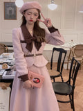 Huibaolu French Style Multicolor Women Suits 2024 Eleagnt Bow Short Coat High Waist A-line Mid Skirt Fashion Vintage 2 Pieces Set