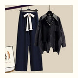 Huibaolu Women's Fashion Set 2024 Spring Autumn New Splicing Shirt+Elastic Waist Wide Leg Pants Two Piece Korean Chic Blouse Trouser Suit