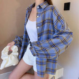 Huibaolu Vintage Plaid Shirts for Women Harajuku Streetwear Single-Breasted Loose Casual Blouse Woman Korean Wild Long Sleeve Shirt