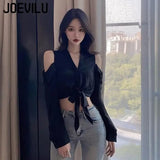 Huibaolu Shoulder V-neck Shirt Chic Lace Up Long Sleeve Crop Top French Sexy Blouse Women Korean Style Spring and Summer Elegant Tops