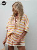 Huibaolu Women Causal Stripe Printed Short Suits Fashion Lapel Single Breasted Half Sleeves Shirts High Waist Loose Shorts 2 Piece Sets