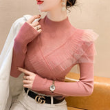 Huibaolu Sweater 2024 New Mesh Paneled Off-the-shoulder Knit Sweater with Undershirt Women's Autumn and Winter Top