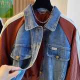 Huibaolu New Denim Spliced Coat For Women's Spring Autumn Versatile Baseball Jacket Short Tops Trend Long Sleeve Casual Outerwear