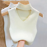 Huibaolu Out V-neck Sweater Half High Neck Knitting Small Camisole Women's Inner Vest Sleeveless Short Top