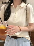 Huibaolu Solid Color Women's T-shirt Short Sleeve Turn-down Collar Korean Basic Tops Summer New Gray Apricot Black T-Shirt