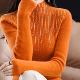 Huibaolu Fashion Rhinestones Turtleneck Sweater Woman Elegant Shiny Crystal Knit Pullover Women Soft Long Sleeve Cashmere Jumper