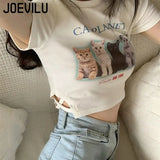 Huibaolu Print Slim Fit T-Shirt Summer Short Sleeve Crop Tops Women Ins Fashion Design Belly Button Exposed Korean Style Harajuku Tee