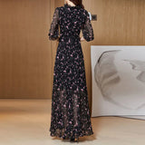 Huibaolu Size 4XL Half Sleeve Summer Dress Floral Print Chiffon Dress Femme V-Neck Flower Dress Ankle Long Dresses For Women Black