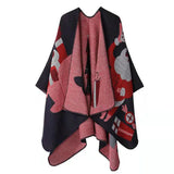 Huibaolu Retro White Print Poncho Cardigan Faux Cashmere Women Shawl Scarf Jackets Tie-dye Black Blanket Cape Pashmina Claok Coats