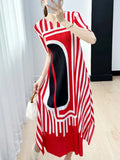 Huibaolu slim fitting striped printed dress for women's 2023 summer new pleats LOOSE maxi dresses for women