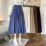 Huibaolu Korean Style Women's Midi Skirt 2024 Autumn High-Waisted Corduroy Long Skirt Women College Style Pleated A-Line Skirts