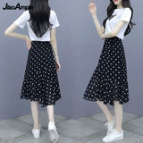 Huibaolu Summer New Short-sleeved T-shirt Chiffon Polka Dot Skirt Two-piece Set Women's All-match White Top Black Midi Skirts Suit