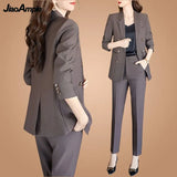 Huibaolu Women's Spring Autumn Professional Suit Jacket Matching Set Korean Elegant Casual Blazers+Pants Two Piece Female Trousers Suit