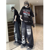 Huibaolu Harajuku Vintage Y2K Jeans for Women American High Street Hole Baggy Denim Pants Female Teens Hip Hop Wide Leg Trousers