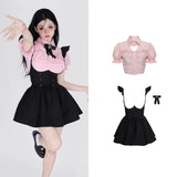 Huibaolu Strap Skirt Set Lovely Fly Sleeved Shirt with Bow Tie Bandage Black Mini Skirts 2 Piece Sets Babes Kawaii Y2k Outifits