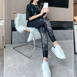 Huibaolu Black Stretch Rhinestone Skinny Leggings Women Autumn Winter Thick Velvet Ankle-Length Pants Tide Elasticit Shinny Legging