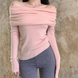 Huibaolu Shoulder Knitwear Jumper Korean Fashion Design Long Sleeve Top Ladies Chic Sweater Women Spring Sexy Skinny Bottoming Shirt