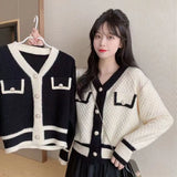 Huibaolu Harajuku Contrast Y2K Knit Cardigan Women Korean Chic V-Neck Short Sweater Coat Ladies Casual Wild Long Sleeve Cardigans