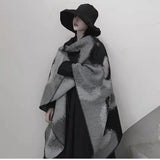 Huibaolu Retro White Print Poncho Cardigan Faux Cashmere Women Shawl Scarf Jackets Tie-dye Black Blanket Cape Pashmina Claok Coats