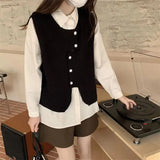 Huibaolu New Fashion Crewneck Sweater Top Button-up Design Sense Solid Color Sleeveless Vest Tank Top Women's Cardigan Vest