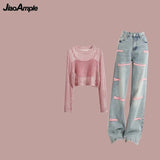 Huibaolu Women's 2024 Summer New Jeans Matching Set Korean Elegant Strap Blouse Letter Denim Pants Three Piece Female Chic Trousers Suit