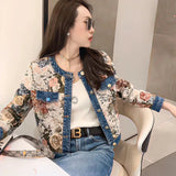 Huibaolu Fashion Roses Print Short Denim Coat Female Temperament O Neck Single Breasted Women Vintage Casual Jean Jacket Chaquetas