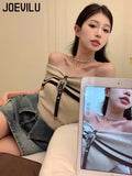 Huibaolu Off Shoulder Knit Tops Women's Sexy Collarbone Short Sleeved Shirts Summer Korean Skinny Crop Tee Y2k Aesthetic Clothes