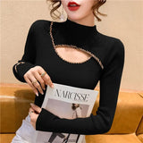 Huibaolu Neck Beaded Diamond Sweater Undershirt Women's Autumn and Winter New Cutout Design Sense Niche Top