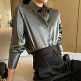 Huibaolu High Quality Imitate Silk Shirt Women Korean Fashion Turndown Collar Office Satin Blouse Ladies Elegant Long Sleeve Blusas