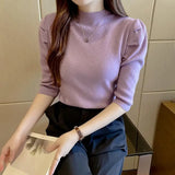 Huibaolu Autumn and Winter New Mid-sleeve Knit Half-turtleneck Undershirt Women's Thin Slim Sweater Women's Puff Sleeve Top