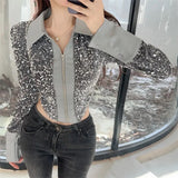 Huibaolu New Arrivals Sweater Women Sequin Spliced Design Knitted Cardigan Women's Color Contrast Zipper Sweaters Jacket Slim Tops