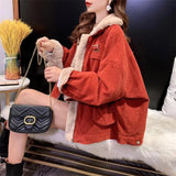 Huibaolu Thicken Corduroy Winter Jacket Women Korean Zipper Warm Lamb Wool Cotton Coat Ladies Casual Loose Turndown Collar Parkas