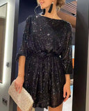 Huibaolu Sequins High Waist Mini Dress Women Fashion Round Neck Long Sleeves Loose Dresses 2023 Festival Party Elegant Vestidos