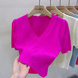 Huibaolu Collarbone V-neck Short Sleeve Knit Sweater Women's Niche Design Sense Top Short Spring 2024 New Base Shirt Women