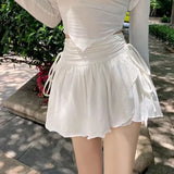 Huibaolu White Mini Skirts for Women 2024 Summer Kawaii Patchwork Lace Up High Waist A-Line Skirt Ladies Korean Lolita Ruffle Skirt