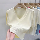 Huibaolu Collarbone V-neck Short Sleeve Knit Sweater Women's Niche Design Sense Top Short Spring 2024 New Base Shirt Women