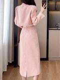 Huibaolu Elegant Women Pink 2 Pieces Set 2024 Autumn Tassel Long Sleeve Coat A-line Chic Midi Skirt Spring Y2k Lady Dress Suits