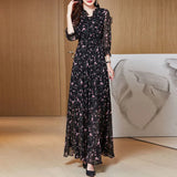 Huibaolu Size 4XL Half Sleeve Summer Dress Floral Print Chiffon Dress Femme V-Neck Flower Dress Ankle Long Dresses For Women Black