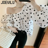 Huibaolu Polka Dot Shirt Off Shoulder Bubble Sleeve Tops Women's White Loose Simple Top French Casual Blouse In Spring and Summer