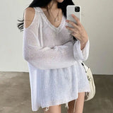 Huibaolu Knitted Sweater V-neck Off Shoulder Pullover Jumper Casual Sunscreen Cover Up Korean Fashion Streetwear Hollow Blouses