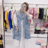 Huibaolu Luxury Pearls Women Denim Vest 2024 Harajuku Loose Pocket Sleeveless Jeans Jacket Woman Summer Fashion Cowboy Waistcoat