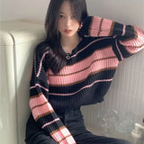 Huibaolu Y2K Street Sweaters Women Korean Style Striped Cropped Sweater Female Autumn Long Sleeve O-Neck Knitted Pullovers Tops