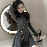 Huibaolu Women Elegant Waist-Tight Mini Dress 2024 Autumn Winter Long Sleeve Slim Dresses Woman Korean Fashion Party Pleated Dress