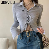 Huibaolu Bandage T-shirt Polo Neck Irregular CropTop Babes Korean Slim Long Sleeve Tee Vintage Gothic Y2k Clothes Skinny Shirt