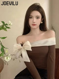 Huibaolu Off Shoulder Bow T-Shirt Women Sexy Exposed Clavicle Crop Top Spring and Autumn Korean Elegant Long Sleeve Bottom Shirts