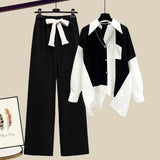 Huibaolu Women's Fashion Set 2024 Spring Autumn New Splicing Shirt+Elastic Waist Wide Leg Pants Two Piece Korean Chic Blouse Trouser Suit